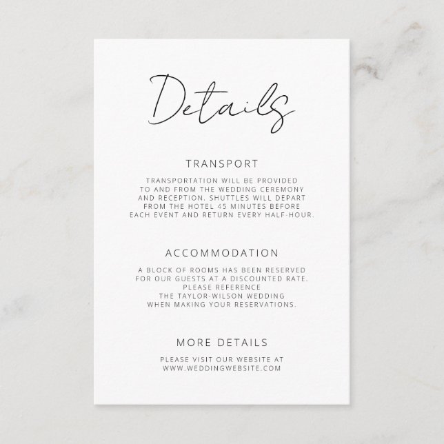Modern Signature Script Minimal Wedding Details Begleitkarte (Vorderseite)
