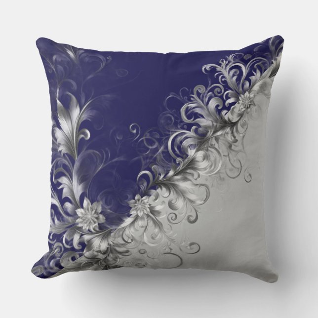 Modern Silver Embellished Grey Blue Throw Pillow Kissen (Vorderseite)