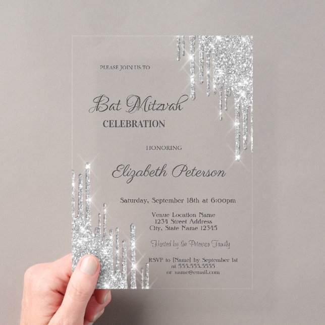 Modern Silver Glitter Drips Rose Gold Bar Mitzvah Acryleinladungen (Insitu (Handheld))