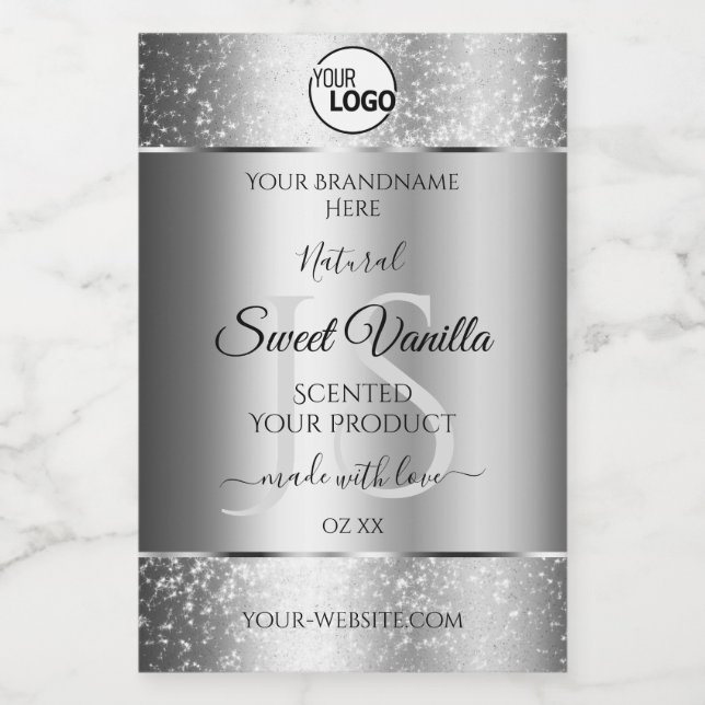 Modern Silver Glitzer Monogram Product Labels Logo Lebensmitteletikett (Einzelnes Label)