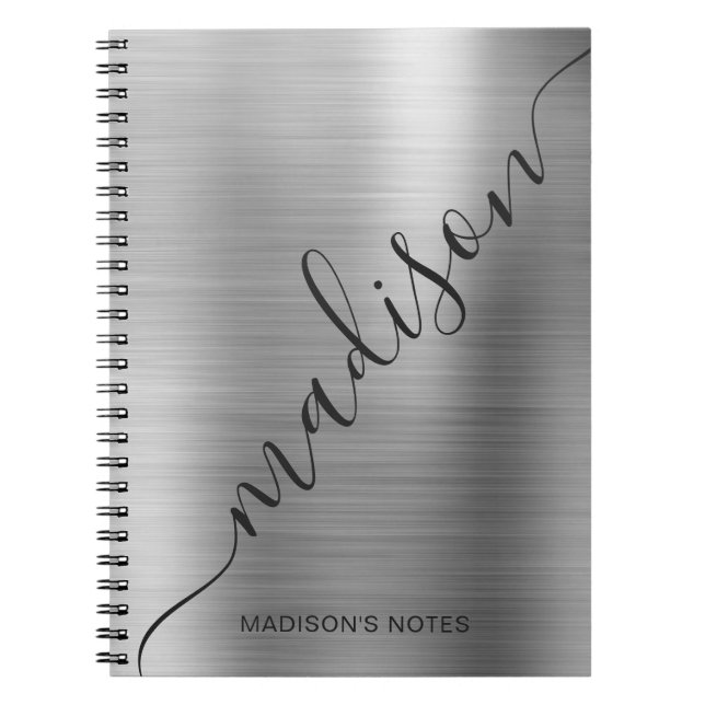 Modern Silver Gray Monogram Script Name Notebook Notizblock (Vorderseite)