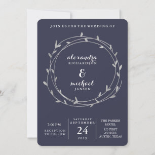 Modern Silver Leafy Circles Midnight Blue Wedding Einladung