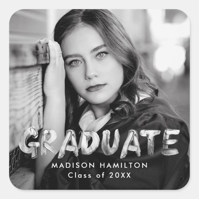 Modern Silver Metallic Photo Graduation Quadratischer Aufkleber (Vorderseite)