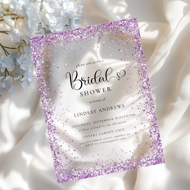 Modern Silver Purple Glitter Bridal Shower  Acryleinladungen (Modern Silver Purple Glitter Bridal Shower Acrylic Invitations)