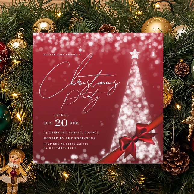 MODERN Silver Red Winter Christmas Tree Bow Party  Einladung (MODERN Silver Red Winter Christmas Tree Bow Party Invitation)