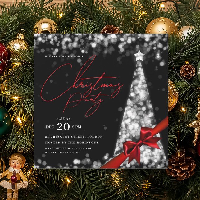 MODERN Silver Winter Christmas Tree Bow Party  Einladung (MODERN Silver Winter Christmas Tree Bow Party Invitation)