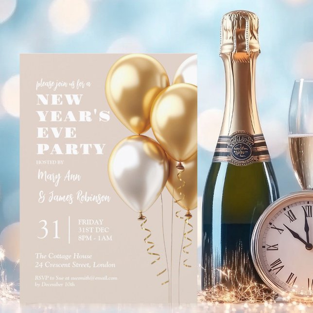 MODERN Silvester Party Gold Balloons Champagner Einladung (MODERN New Years Eve Party Gold Balloons Champagne Invitation)