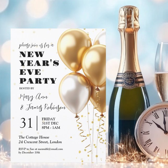 MODERN Silvester Party Gold Confetti Balloons Einladung (MODERN New Years Eve Party Gold Confetti Balloons Invitation)