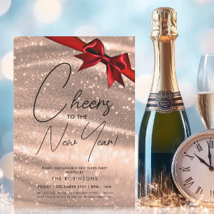 MODERN Silvester Rose Gold Champagne Bokeh Bow Einladung