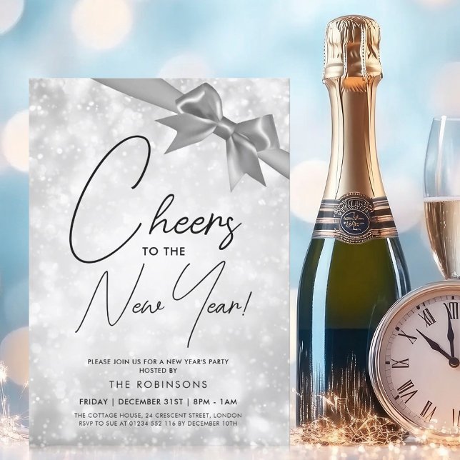 MODERN Silvester Silver Champagne Bokeh Bow Einladung (MODERN New Years Eve Silver Champagne Bokeh Bow Invitation)