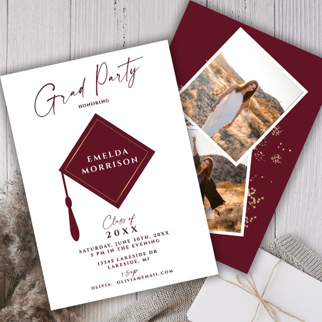Modern Simple 2 Foto Burgundy Graduation Party Einladung (Von Creator hochgeladen)