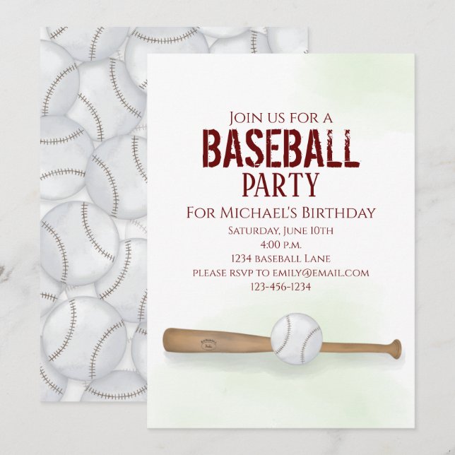 Modern Simple Birthday Watercolor Baseball Niedlic Einladung (Vorne/Hinten)