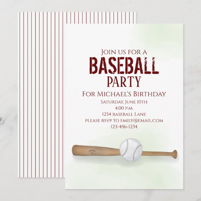 Modern Simple Birthday Watercolor Baseball Niedlic Einladung (Vorne/Hinten)