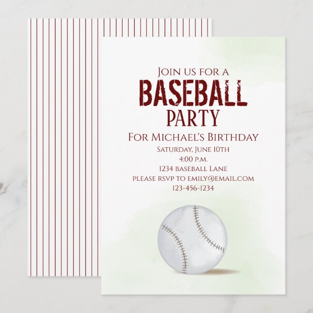 Modern Simple Birthday Watercolor Baseball Niedlic Einladung (Vorne/Hinten)