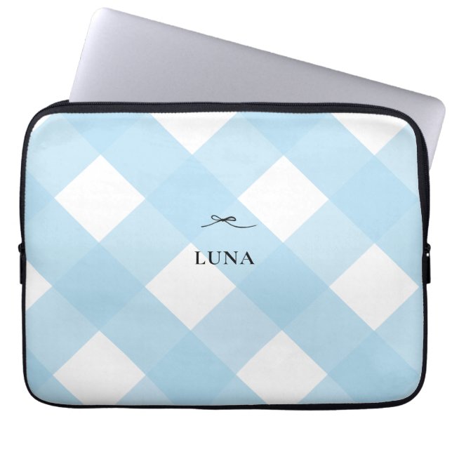 Modern Simple Black Bow Blue Monogram Gingham Laptopschutzhülle (Vorderseite)