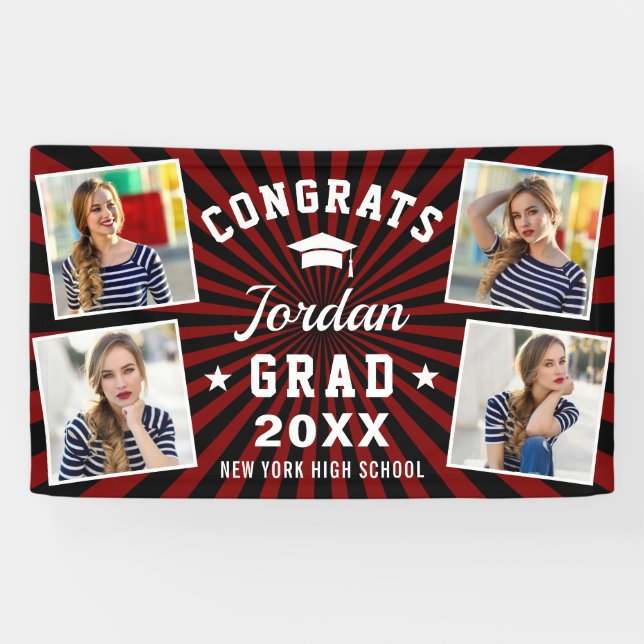 Modern Simple Black Red Graduation Party 4 FOTO Banner (Horizontal)