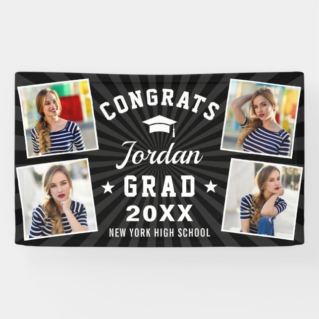Modern Simple Black White Graduation Party 4 FOTO Banner (Horizontal)
