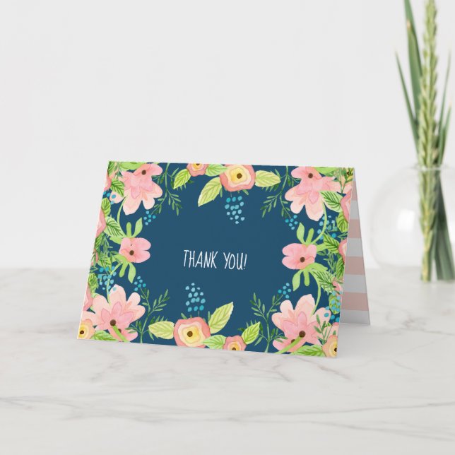 Modern Simple Boho Rose Pink Navy Floral Vielen Da Dankeskarte (Vorderseite)