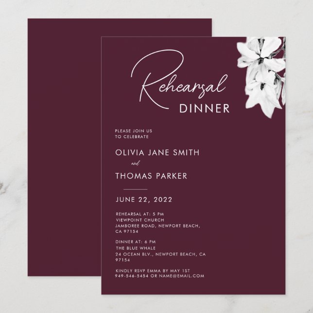 Modern Simple Burgundy Magnolia Probe Dinner Einladung (Vorne/Hinten)