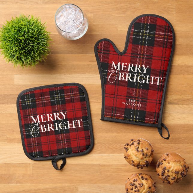 Modern Simple Classic Script Plaid Christmas Ofenhandschuh & Topflappen-Set (Oben Unten)