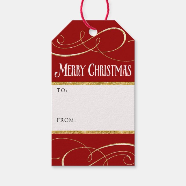 Modern Simple Elegante Christmas Gold Rote Scrolls Geschenkanhänger (Vorderseite)