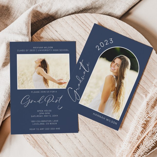 Modern Simple Foto Navy Blue Graduation Party Einladung (Von Creator hochgeladen)
