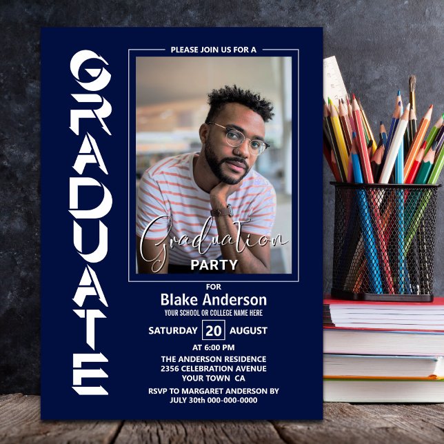 Modern Simple Foto Navy Blue Graduation Party Einladung (Von Creator hochgeladen)