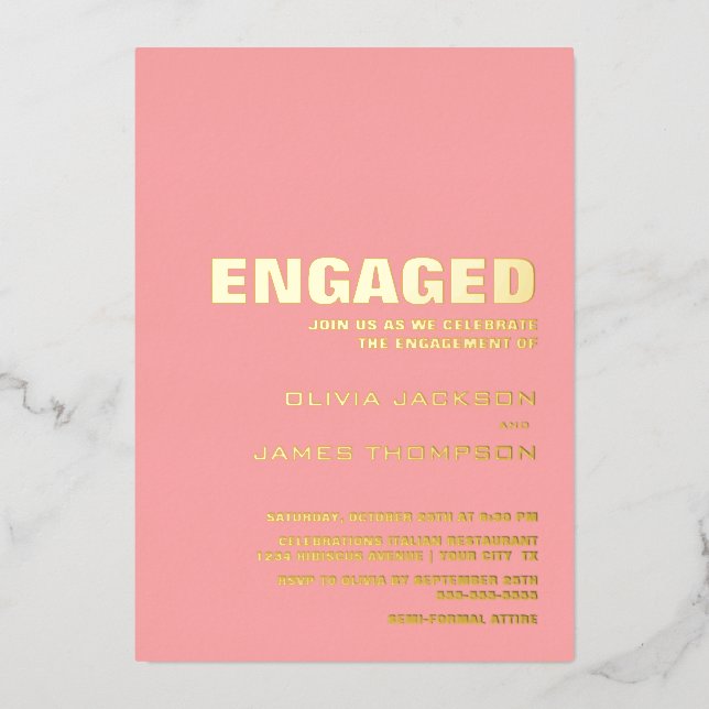 Modern Simple Gold Text Pink Engagement Party Folieneinladung (Vorderseite)