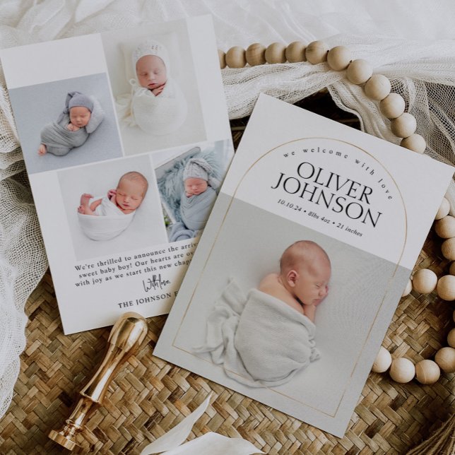 Modern Simple Golden Arch Baby Foto Birth Ankündigung (Von Creator hochgeladen)