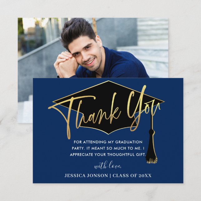 Modern Simple  Golden Navy Blue Graduation PHOTO Dankeskarte (Vorne/Hinten)