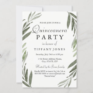 Modern Simple Green Leaf Quinceanera Party laden e Einladung