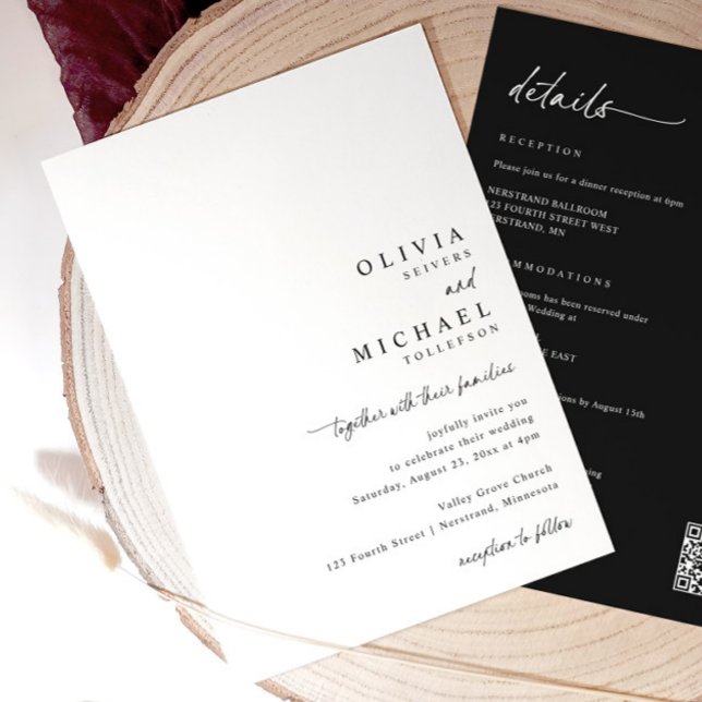 Modern Simple Handwriting All in One Wedding Einladung (Minimalist black and white wedding invite with right-aligned handwritten script and QR code on back)