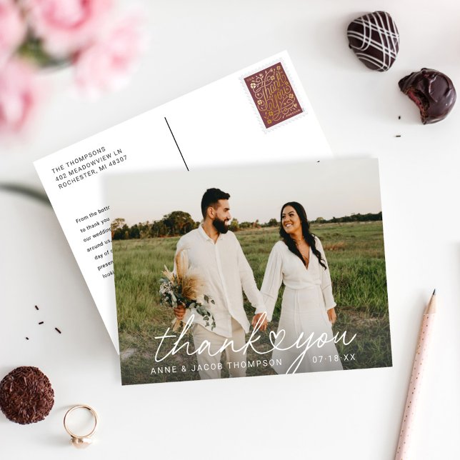 Modern Simple Heart Script Wedding Foto Vielen Dan Postkarte (Von Creator hochgeladen)