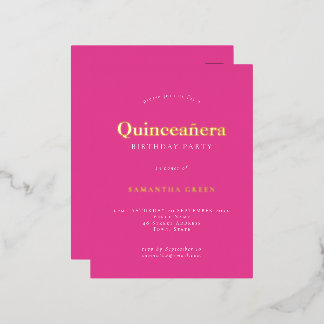 Modern Simple Hot Pink Quinceñera Folie Einladungspostkarte