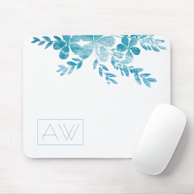 Modern Simple Initials Blue Floral Persönliche Mar Mousepad (Mit Mouse)