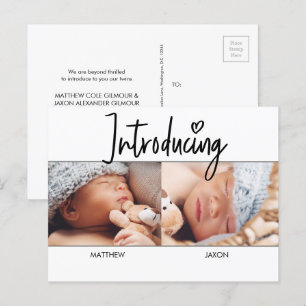 Modern Simple Introducing Script Twins Jungs Foto Ankündigungspostkarte