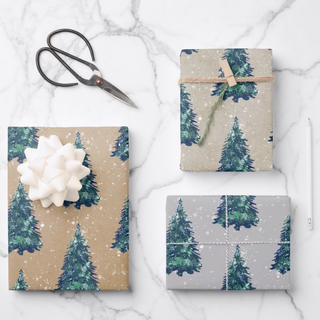 Modern Simple Kraft Snowy Green Christmas Trees Geschenkpapier Set (Vorderseite)