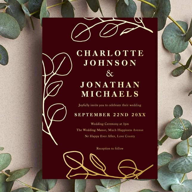 Modern Simple Leaves Burgundy and Gold Folieneinladung (Elegant Simple eucalyptus leave line art burgundy and gold foil invitation)