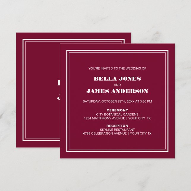 Modern Simple Magenta White Wedding Einladung (Vorne/Hinten)