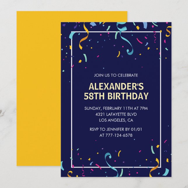Modern Simple Men Confetti 58. Geburtstag Einladung (Vorne/Hinten)