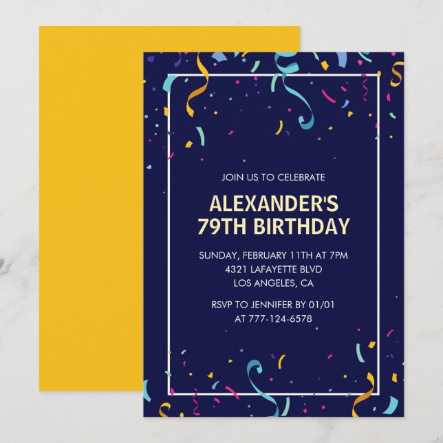 Modern Simple Men Confetti 79. Geburtstag Einladung (Vorne/Hinten)