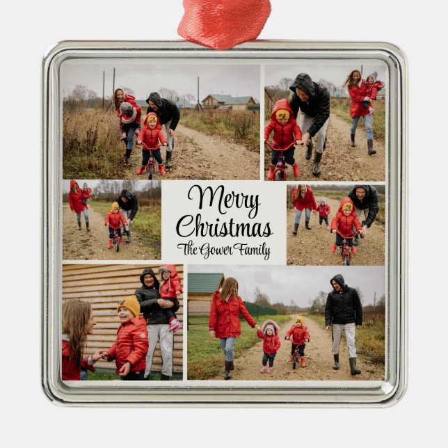 Modern Simple Merry Christmas Photo Collage Ornament Aus Metall (Vorne)
