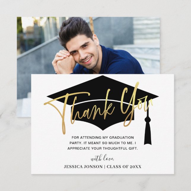 Modern Simple Minimalist Golden Graduation PHOTO Dankeskarte (Vorne/Hinten)