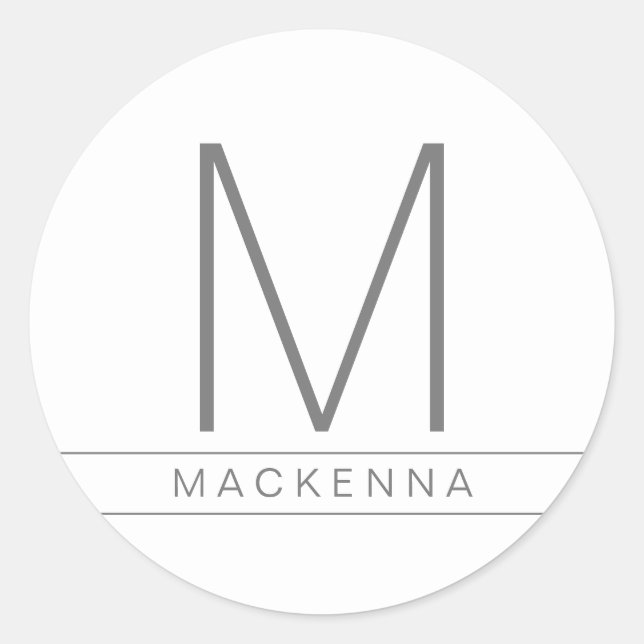Modern Simple Monogram Name Grau White Runder Aufkleber (Vorderseite)