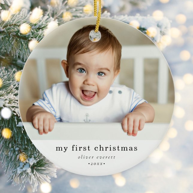 Modern Simple My First Christmas Baby Foto Keramik Ornament (Von Creator hochgeladen)