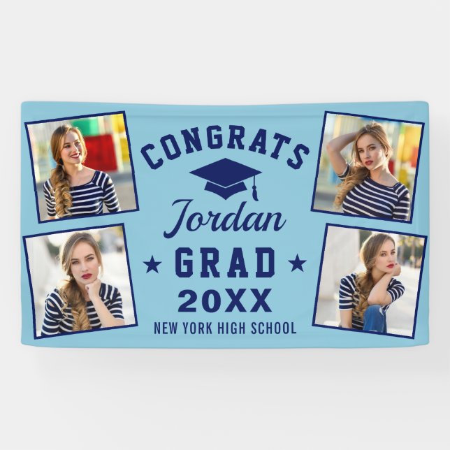 Modern Simple Navy Blue Graduation Party 4 FOTO Banner (Horizontal)