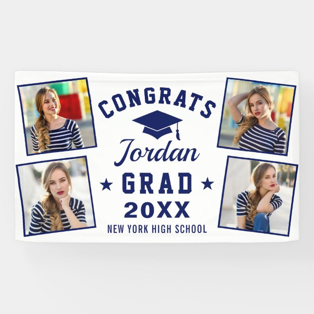 Modern Simple Navy Blue Graduation Party 4 FOTO Banner (Horizontal)