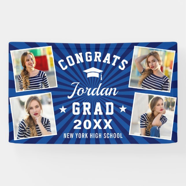 Modern Simple Navy Blue Graduation Party 4 FOTO Banner (Horizontal)