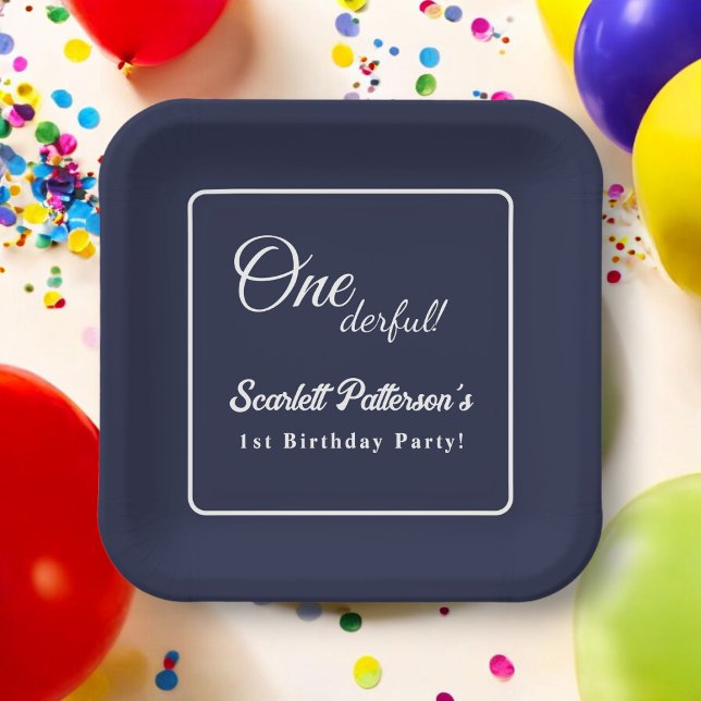 Modern Simple Navy Blue White Elegant 1. Geburtsta Pappteller (Von Creator hochgeladen)