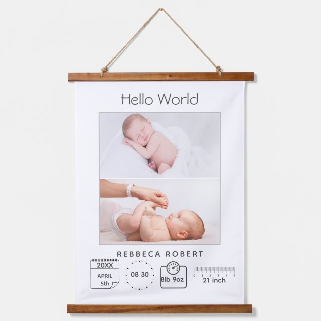 Modern Simple New Baby Personalized 2 Photo  Wandteppich Mit Holzrahmen (Vorderseite)